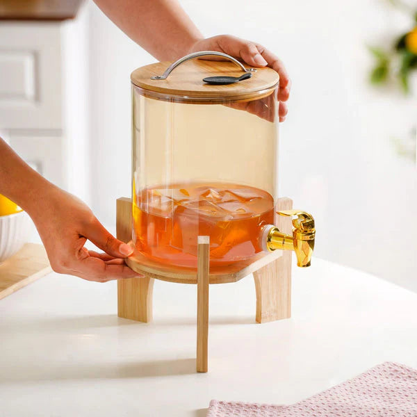 SunriseAmber Glass Dispenser with Airtight Lid and Bamboo Stand - All-In-One Store Pakistan