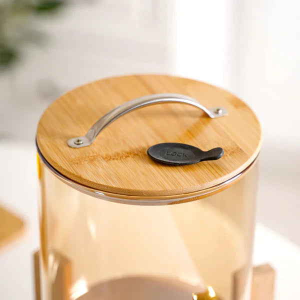 SunriseAmber Glass Dispenser with Airtight Lid and Bamboo Stand - All-In-One Store Pakistan