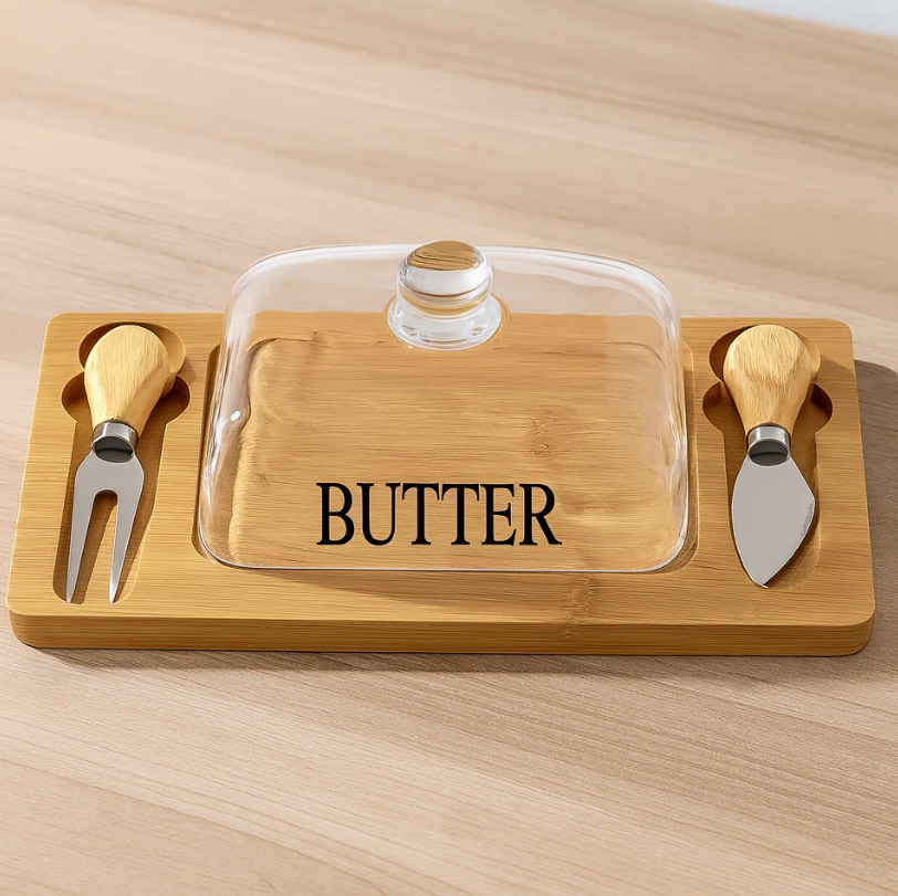 Glass Butter Dish with Bamboo Base & Dual Knives - All-In-One Store Pakistan