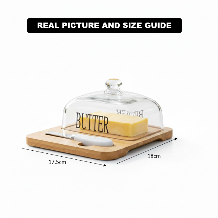 Glass Butter Dish with Bamboo Base & Knife - All-In-One Store Pakistan