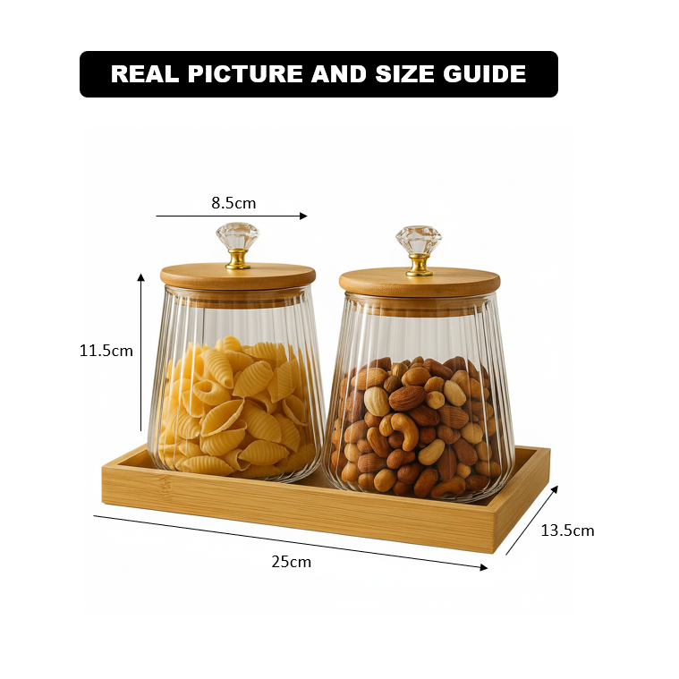 OakNest Glass Canister Set with Wooden Tray (1115) - All-In-One Store Pakistan