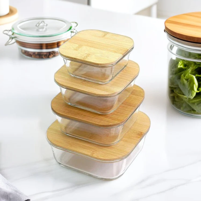 4Pcs Airtight Bamboo-Lid Glass Bowls Set – Square - All-In-One Store Pakistan