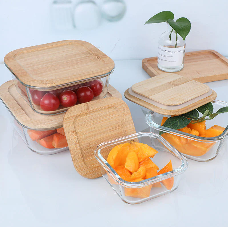 4Pcs Airtight Bamboo-Lid Glass Bowls Set – Square - All-In-One Store Pakistan