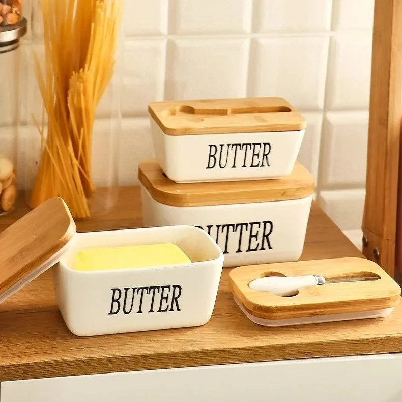 Ceramic Butter Dish with Bamboo Lid & Knife - All-In-One Store Pakistan