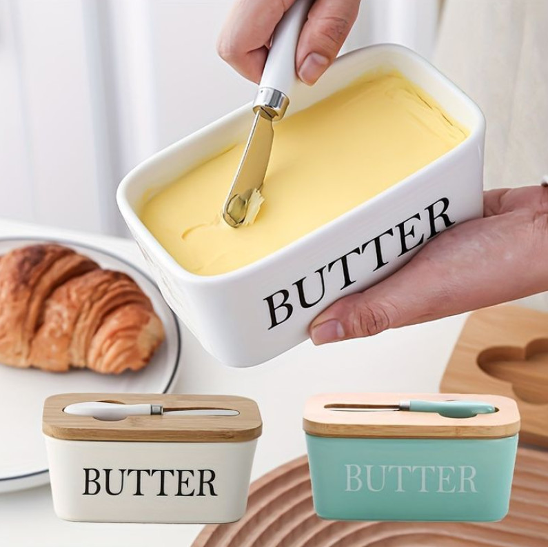 Ceramic Butter Dish with Bamboo Lid & Knife - All-In-One Store Pakistan