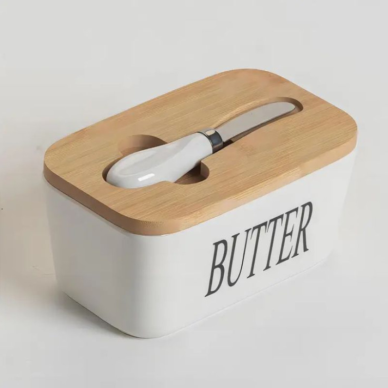 Ceramic Butter Dish with Bamboo Lid & Knife - All-In-One Store Pakistan
