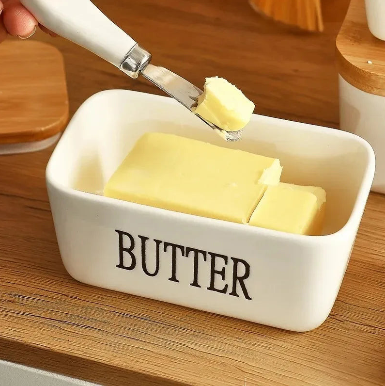 Ceramic Butter Dish with Bamboo Lid & Knife - All-In-One Store Pakistan
