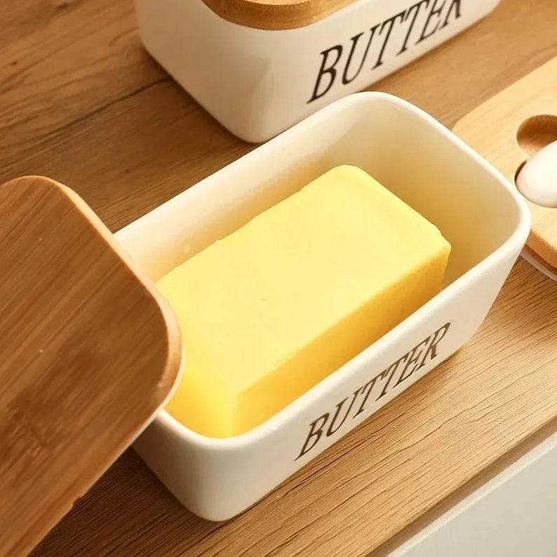 Ceramic Butter Dish with Bamboo Lid & Knife - All-In-One Store Pakistan