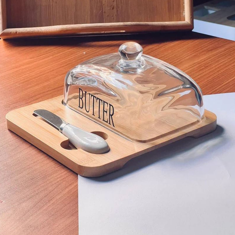 Glass Butter Dish with Bamboo Base & Knife - All-In-One Store Pakistan