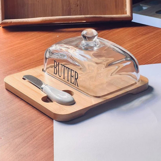 Glass Butter Dish with Bamboo Base & Knife - All-In-One Store Pakistan