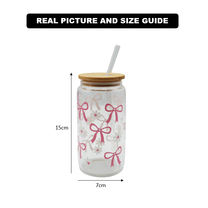 Printed Bow Glass Tumbler with Straw - All-In-One Store Pakistan