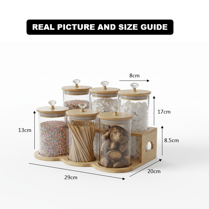 DiamondTop 6-Pcs Glass Jar Set with Bamboo Stand (1118) - All-In-One Store Pakistan