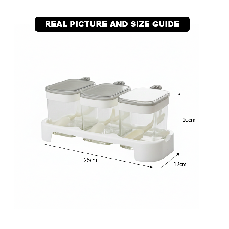 Rectangle 3-Pcs Glass Spice Jars with Plastic Lid & Stand - All-In-One Store Pakistan