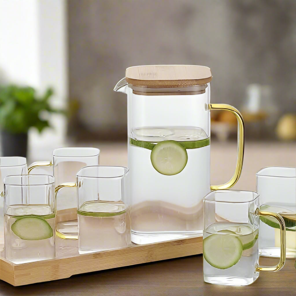 8Pcs Glass Pitcher Set with Wooden Lid & Tray - All-In-One Store Pakistan