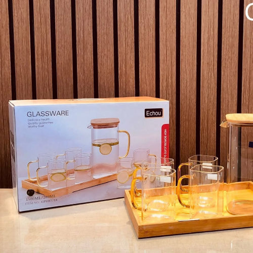 8Pcs Glass Pitcher Set with Wooden Lid & Tray - All-In-One Store Pakistan