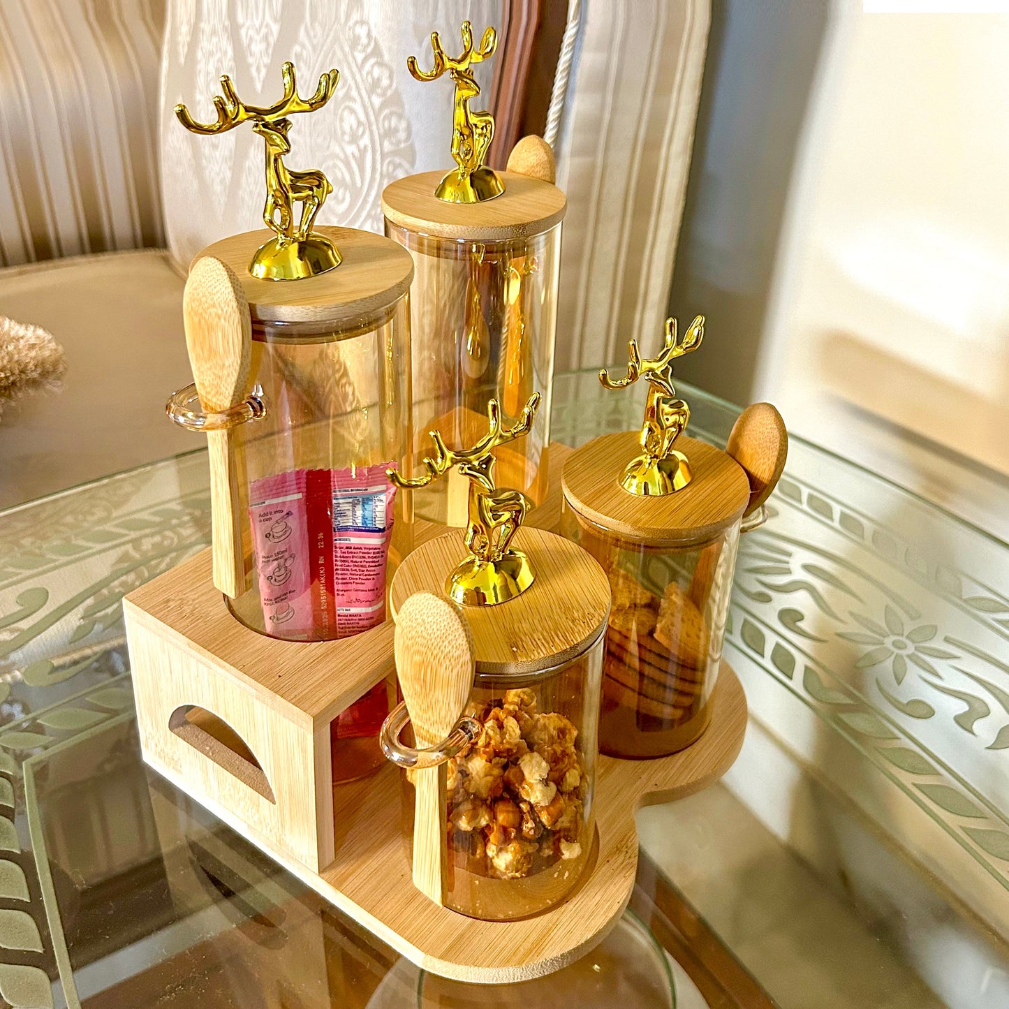 TintedGold 4-Pcs Airtight Storage Jars Set (1105) with Bamboo Spoon & Stand - All-In-One Store Pakistan
