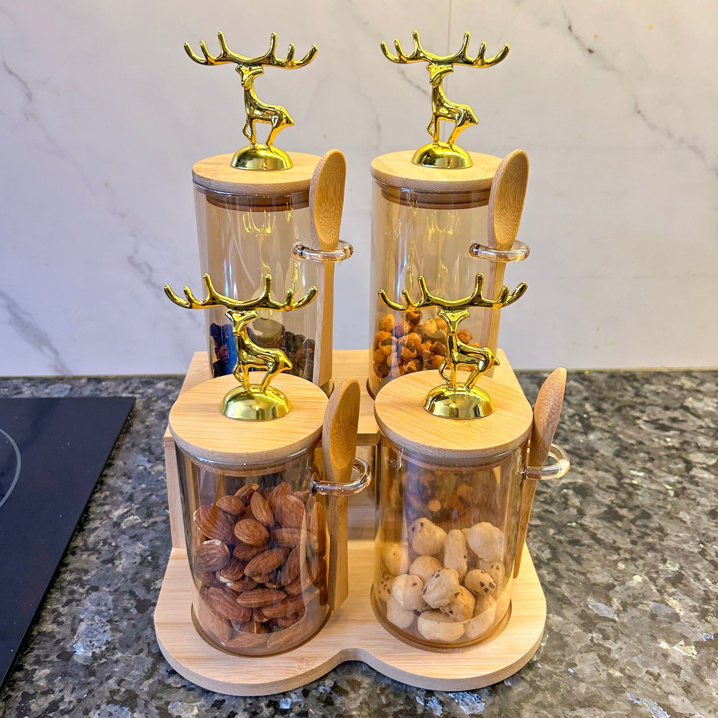 TintedGold 4-Pcs Airtight Storage Jars Set (1105) with Bamboo Spoon & Stand - All-In-One Store Pakistan
