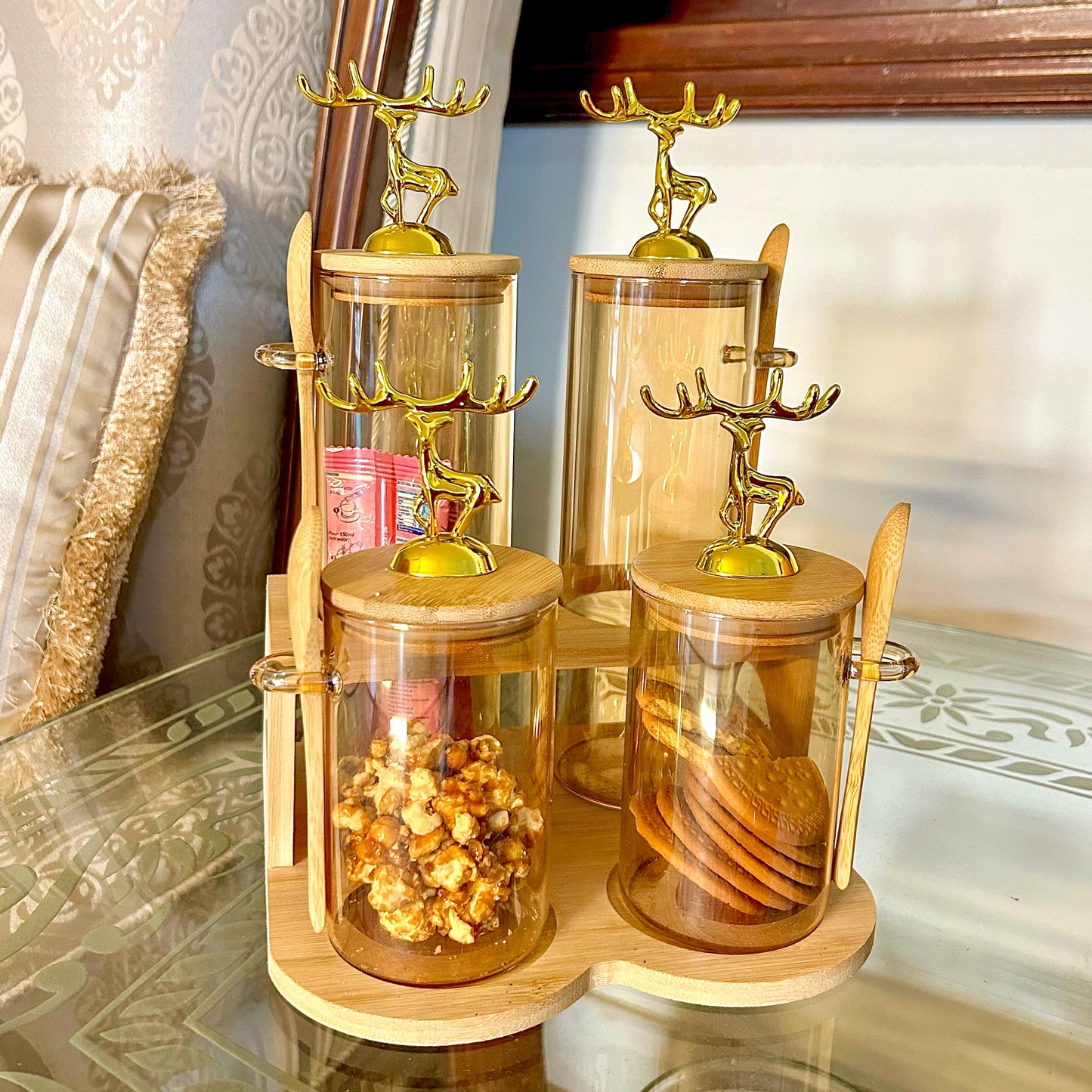 TintedGold 4-Pcs Airtight Storage Jars Set (1105) with Bamboo Spoon & Stand - All-In-One Store Pakistan