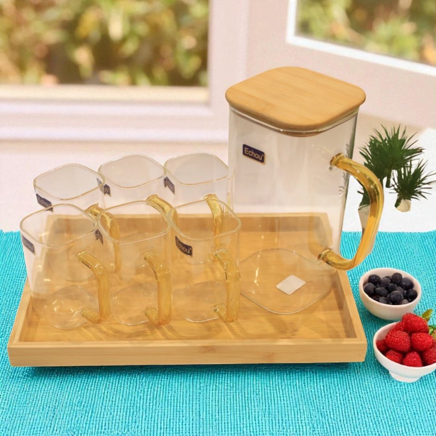 8Pcs Glass Pitcher Set with Wooden Lid & Tray - All-In-One Store Pakistan