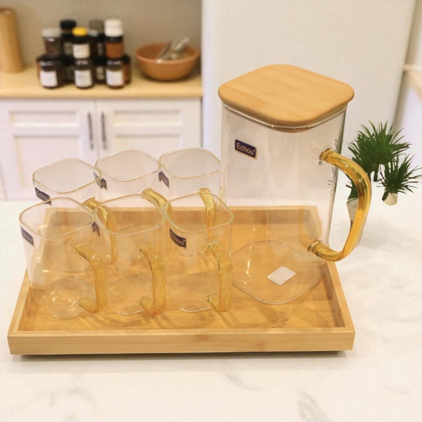 8Pcs Glass Pitcher Set with Wooden Lid & Tray - All-In-One Store Pakistan