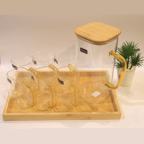 8Pcs Glass Pitcher Set with Wooden Lid & Tray - All-In-One Store Pakistan