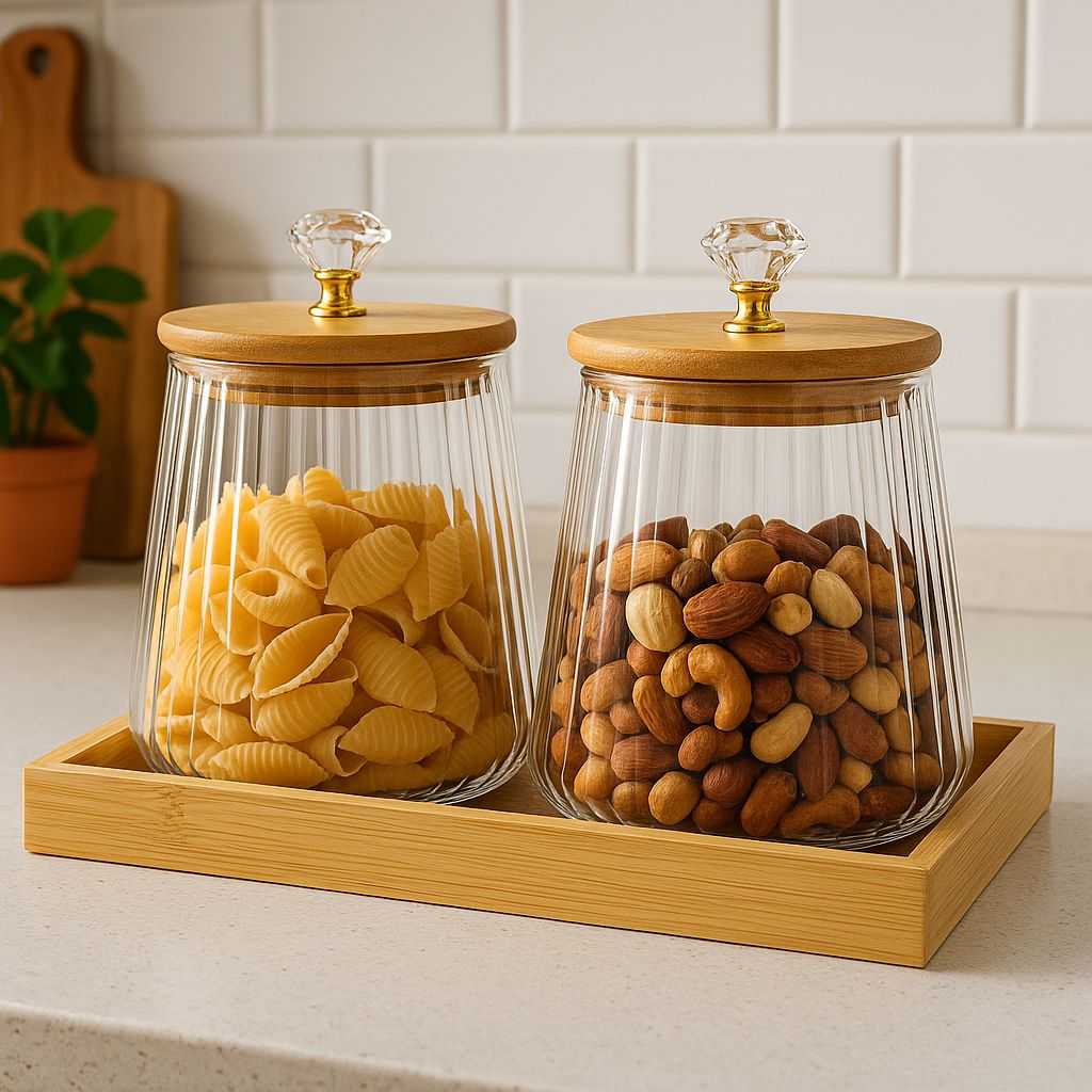 OakNest Glass Canister Set with Wooden Tray (1115) - All-In-One Store Pakistan