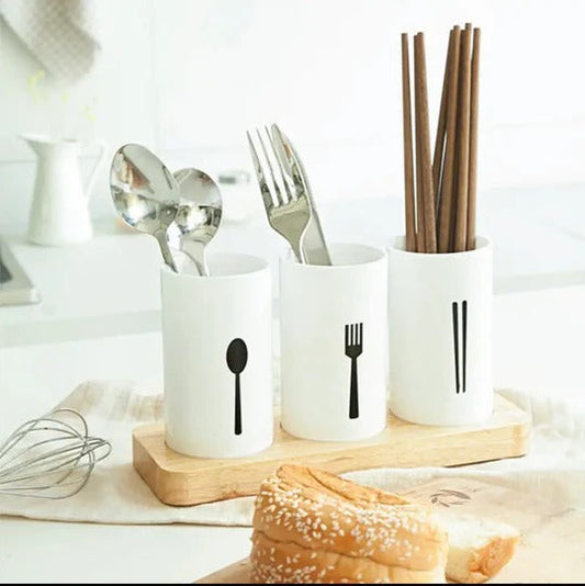 3-Piece Modern Utensil Holder with Wooden Display Tray - All-In-One Store Pakistan