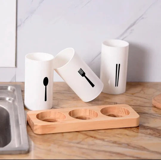3-Piece Modern Utensil Holder with Wooden Display Tray - All-In-One Store Pakistan