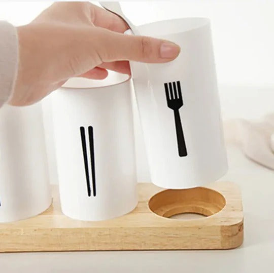 3-Piece Modern Utensil Holder with Wooden Display Tray - All-In-One Store Pakistan