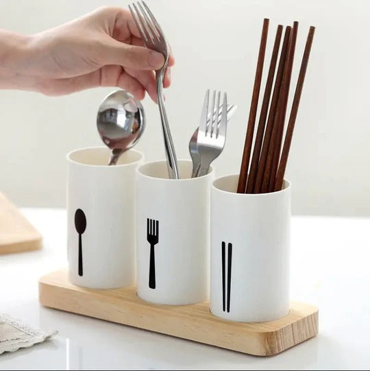 3-Piece Modern Utensil Holder with Wooden Display Tray - All-In-One Store Pakistan