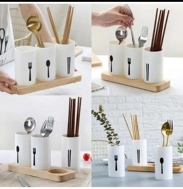 3-Piece Modern Utensil Holder with Wooden Display Tray - All-In-One Store Pakistan