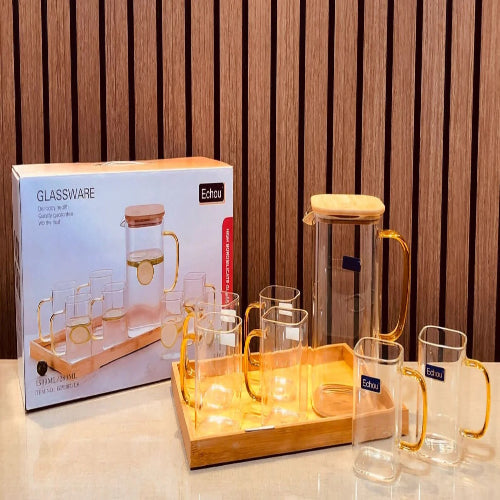 8Pcs Glass Pitcher Set with Wooden Lid & Tray - All-In-One Store Pakistan