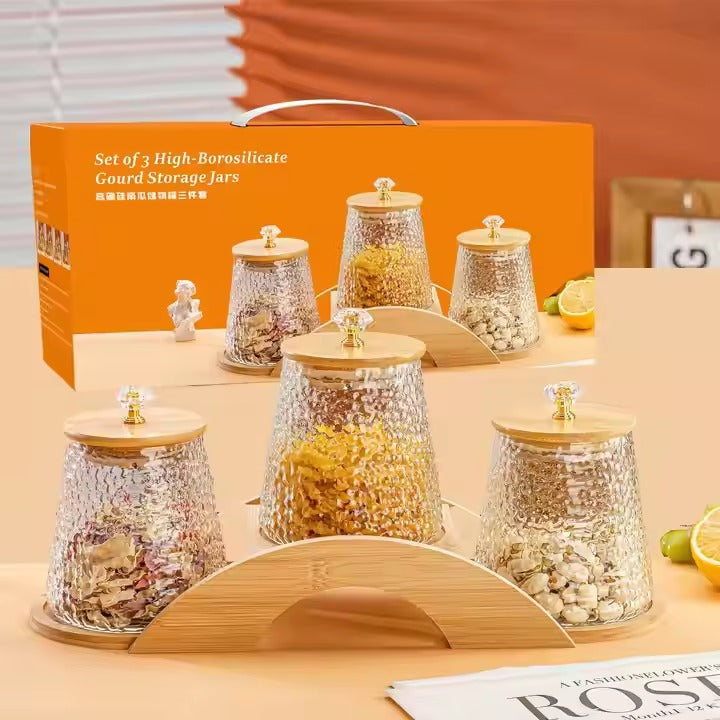 Decorative Bridge-Design Jar Trio with Natural Wooden Stand (1101) - All-In-One Store Pakistan