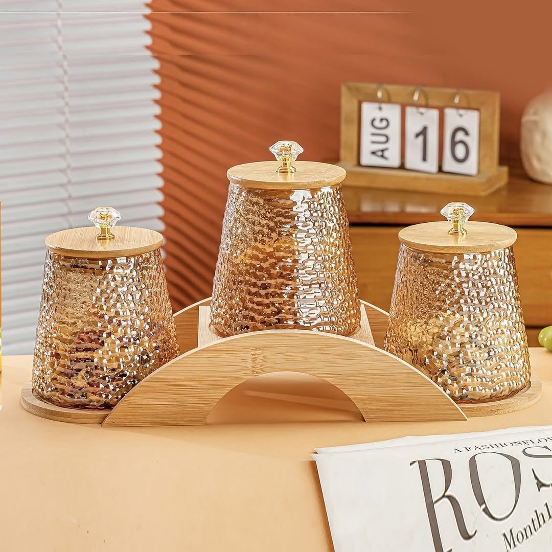 Decorative Bridge-Design Jar Trio with Natural Wooden Stand (1101) - All-In-One Store Pakistan