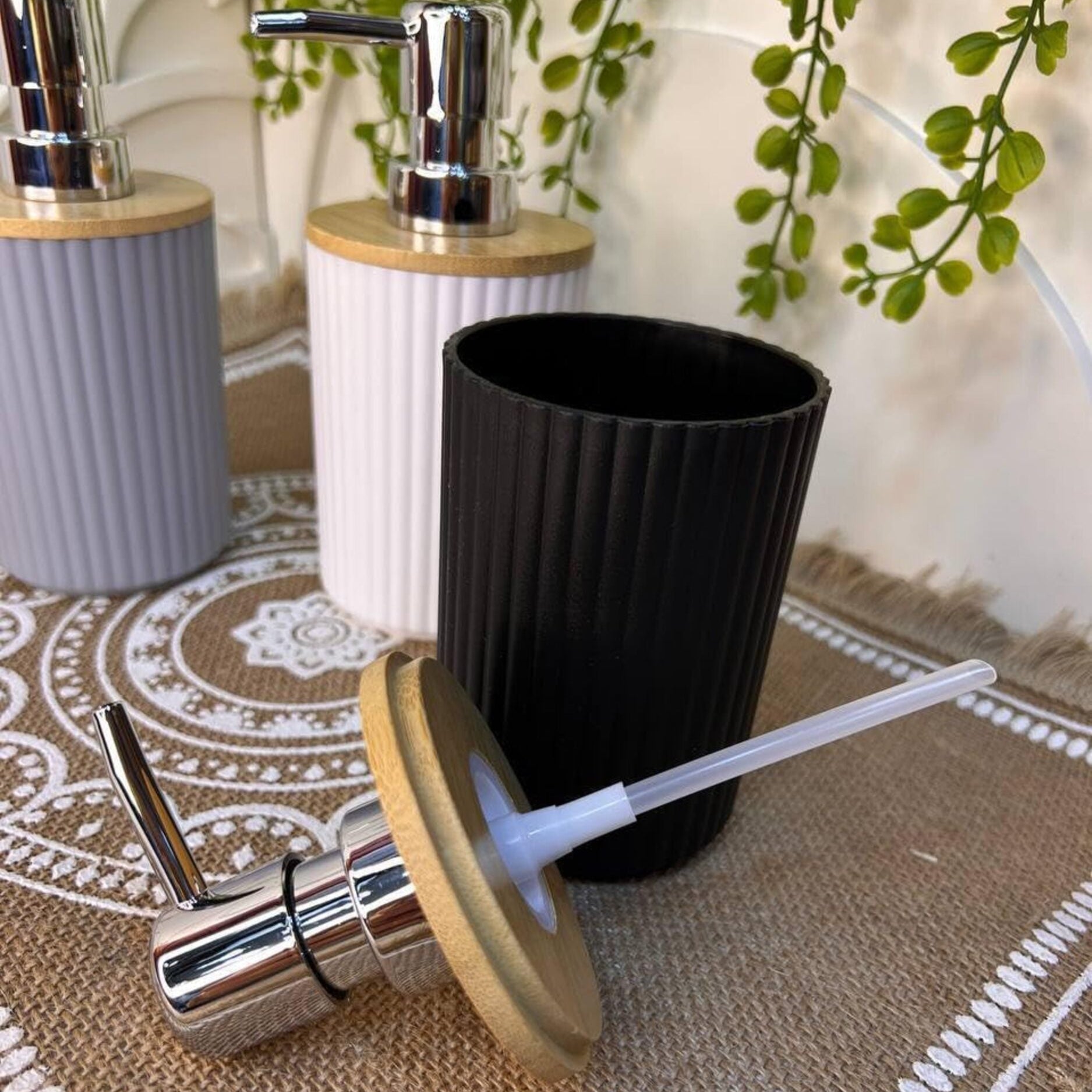 Ribbed Multipurpose Liquid Dispenser with Wooden Lid - All-In-One Store Pakistan