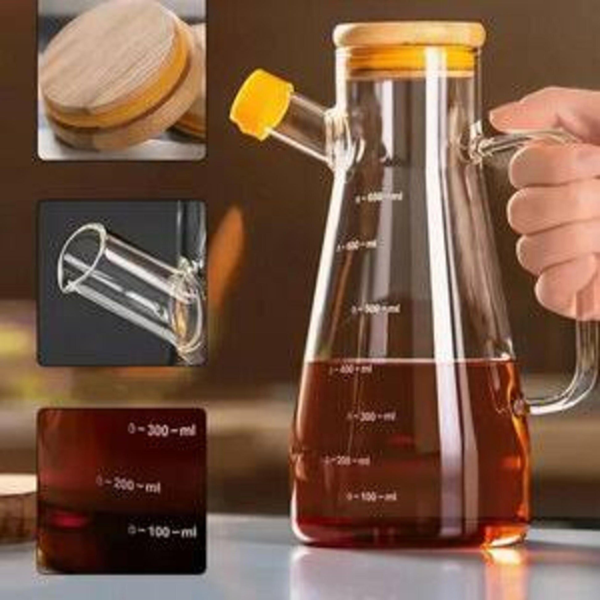 900ml Airtight Oil Jug with Wooden Lid & Precision Pour Stopper - All-In-One Store Pakistan