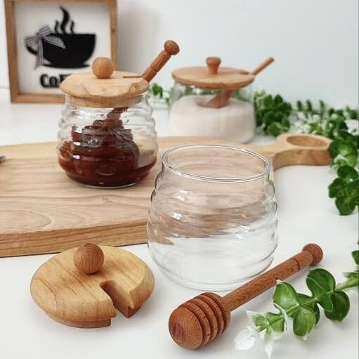 Honey Storage Glass Jar with Wooden Lid and Serving Tray - All-In-One Store Pakistan