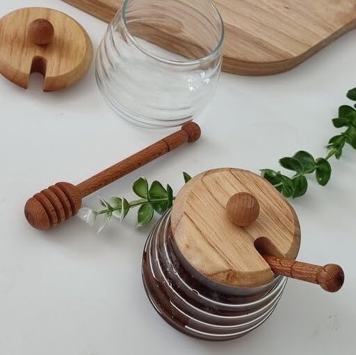 Honey Storage Glass Jar with Wooden Lid and Serving Tray - All-In-One Store Pakistan