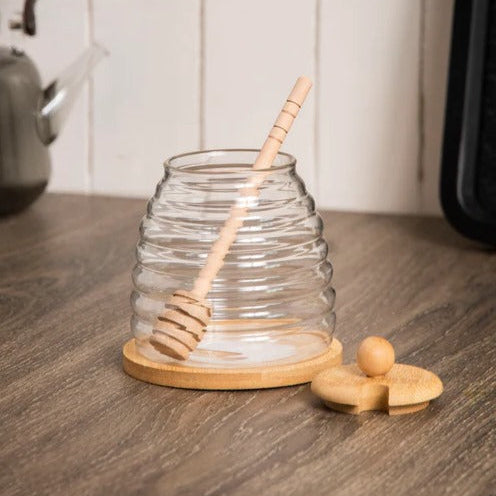 Honey Storage Glass Jar with Wooden Lid and Serving Tray - All-In-One Store Pakistan