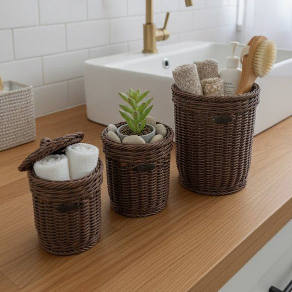 3Pcs Handmade Cylindrical Baskets with Lids (51122) by Ziba - All-In-One Store Pakistan