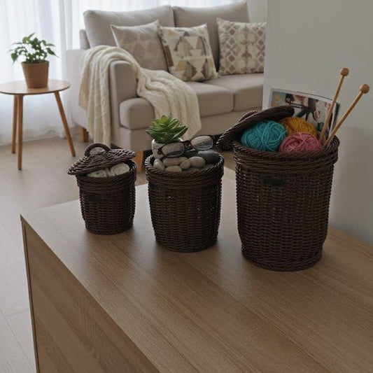 3Pcs Handmade Cylindrical Baskets with Lids (51122) by Ziba - All-In-One Store Pakistan