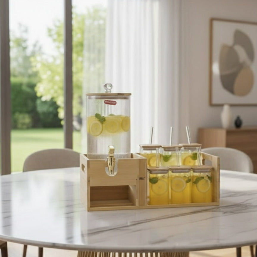 Bamboo Beverage Station -Glass Dispenser and Tumblers with Straws (1151) - All-In-One Store Pakistan