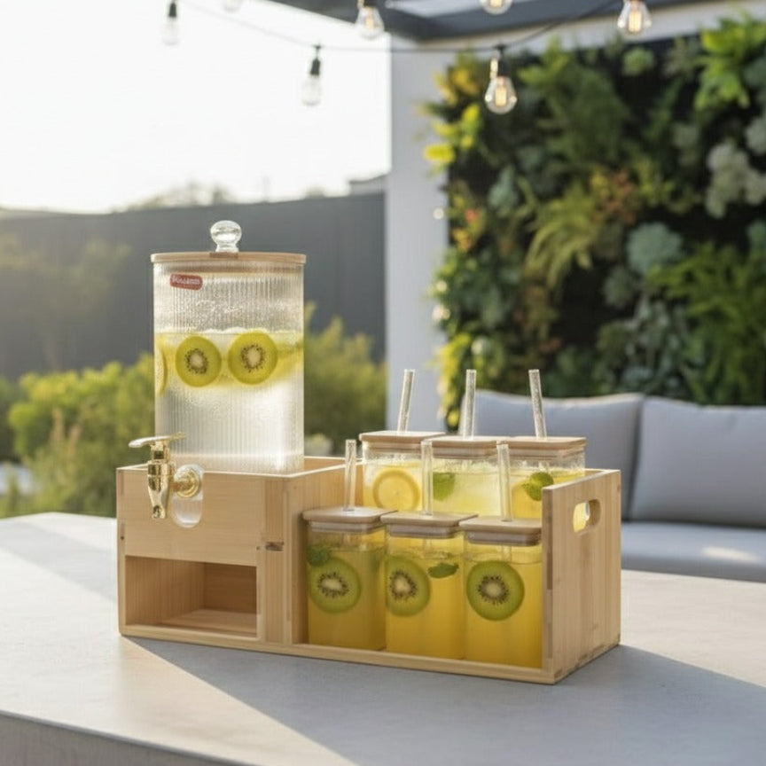 Bamboo Beverage Station -Glass Dispenser and Tumblers with Straws (1151) - All-In-One Store Pakistan