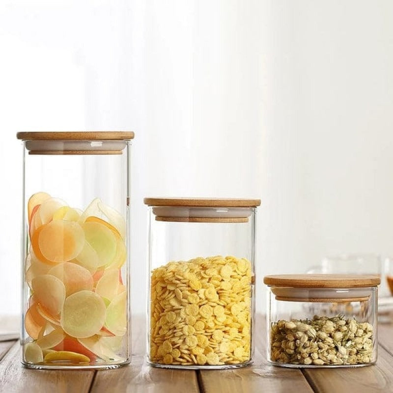 3Pcs Glass Storage Jars with Airtight Bamboo Lids - All-In-One Store Pakistan