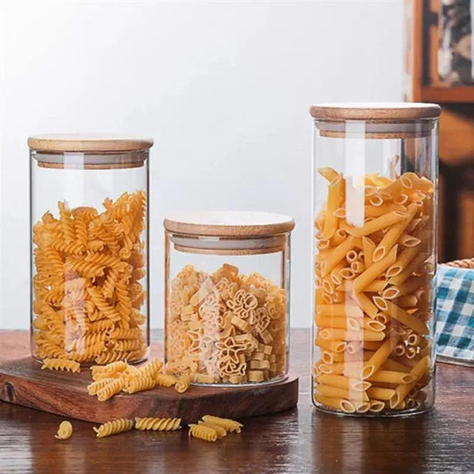 3Pcs Glass Storage Jars with Airtight Bamboo Lids - All-In-One Store Pakistan