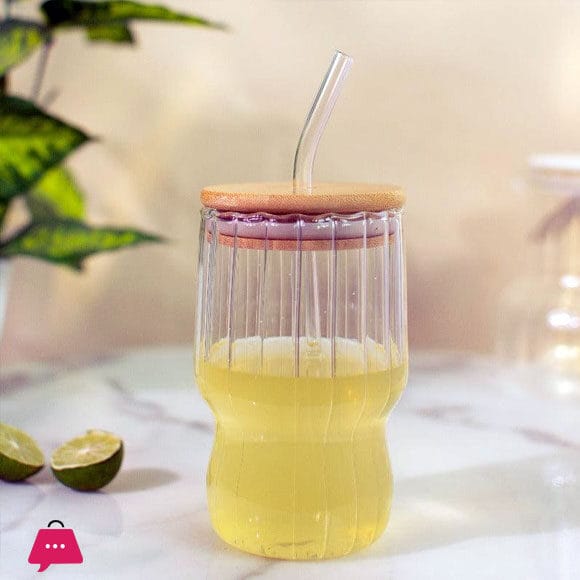 AmberRib Glass Cup with Wooden Lid - All-In-One Store Pakistan