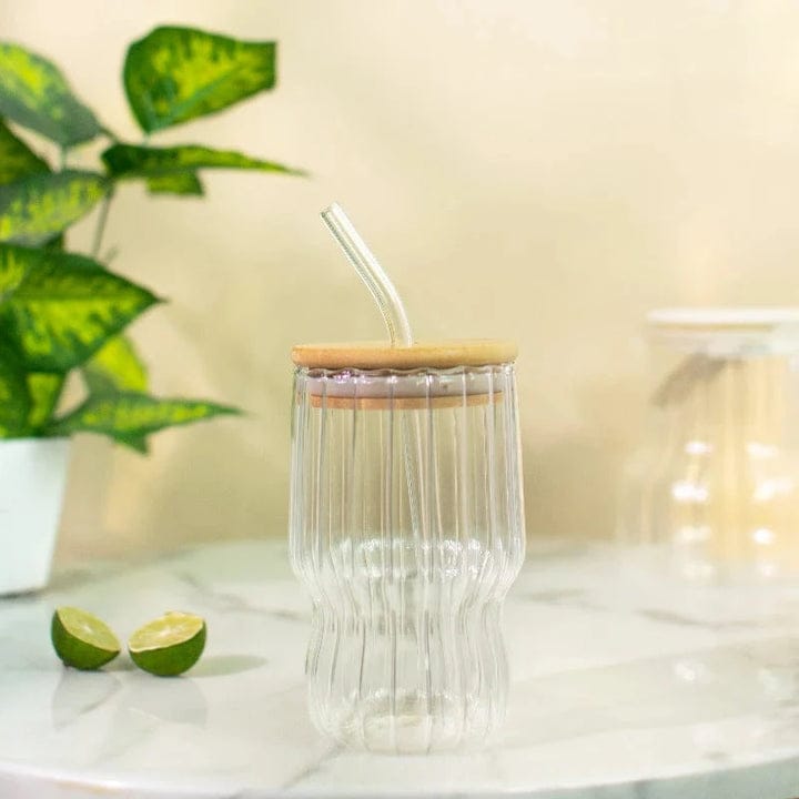 AmberRib Glass Cup with Wooden Lid - All-In-One Store Pakistan