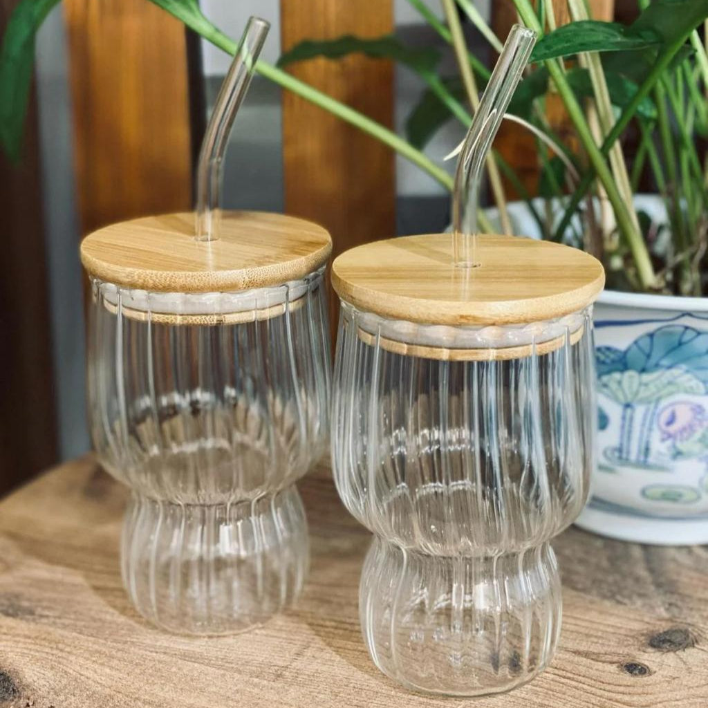 AmberRib Glass Cup with Wooden Lid - All-In-One Store Pakistan
