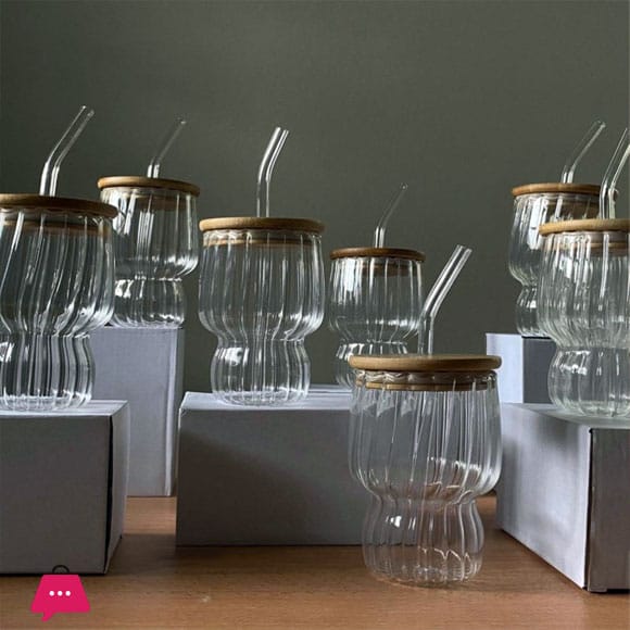AmberRib Glass Cup with Wooden Lid - All-In-One Store Pakistan