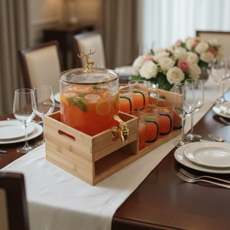 Echou GoldenDeer Glass Dispenser Set with Wooden Stand & 6 Glasses - All-In-One Store Pakistan